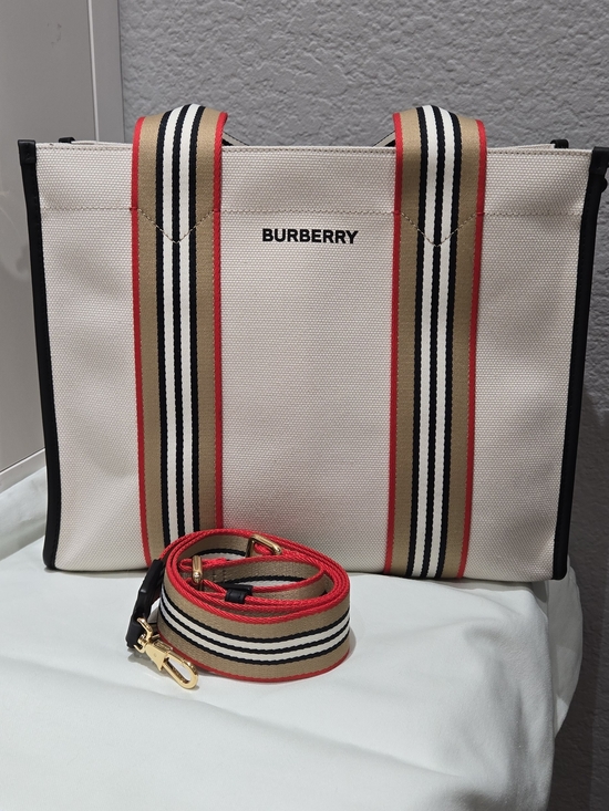 Burberry Handbags - Burberry Canvas Icon Tote in Beige with Black Leather Trim